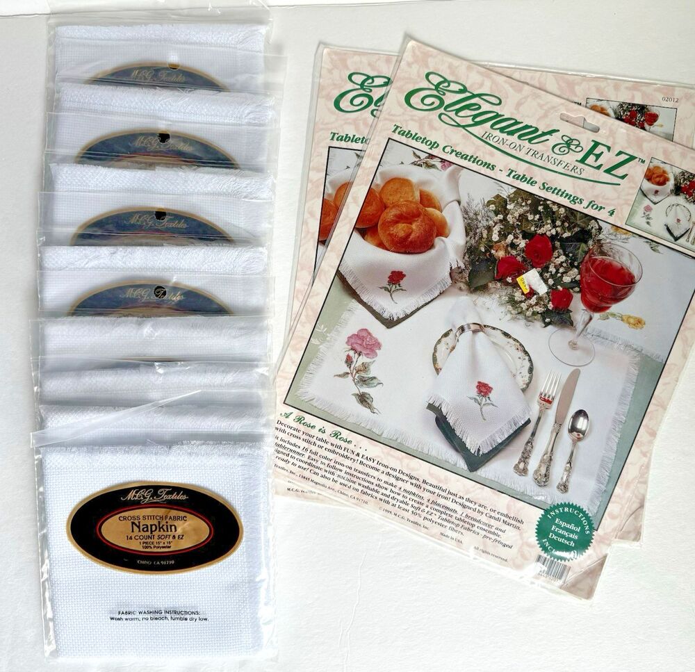 8 Crossstitch Napkins MCG Rose Tabletop Creations Elegant & EZ Iron On Transfers